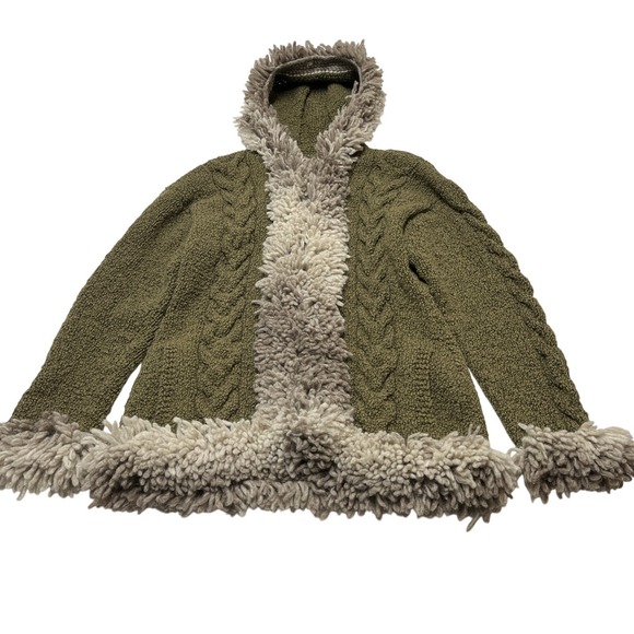 Mitmak Jacket Womens L Green Wool Cable‎ Knit Faux Fur Trim Hooded Indie Boho